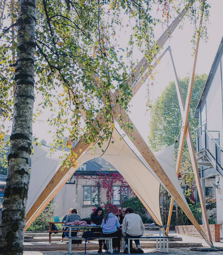 Students studying under Squirrel Hall