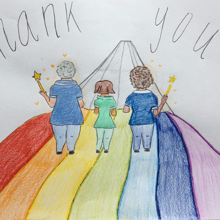 drawing of people walking on a rainbow