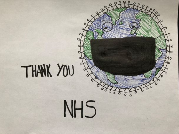 drawing of the earth and text thanking the NHS