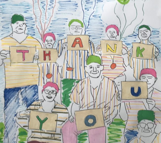 drawing of people holding cards with the text 'THANK YOU NHS'