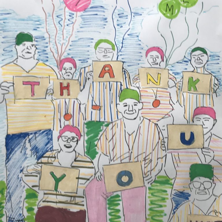 drawing of people holding cards with the text 'THANK YOU NHS'