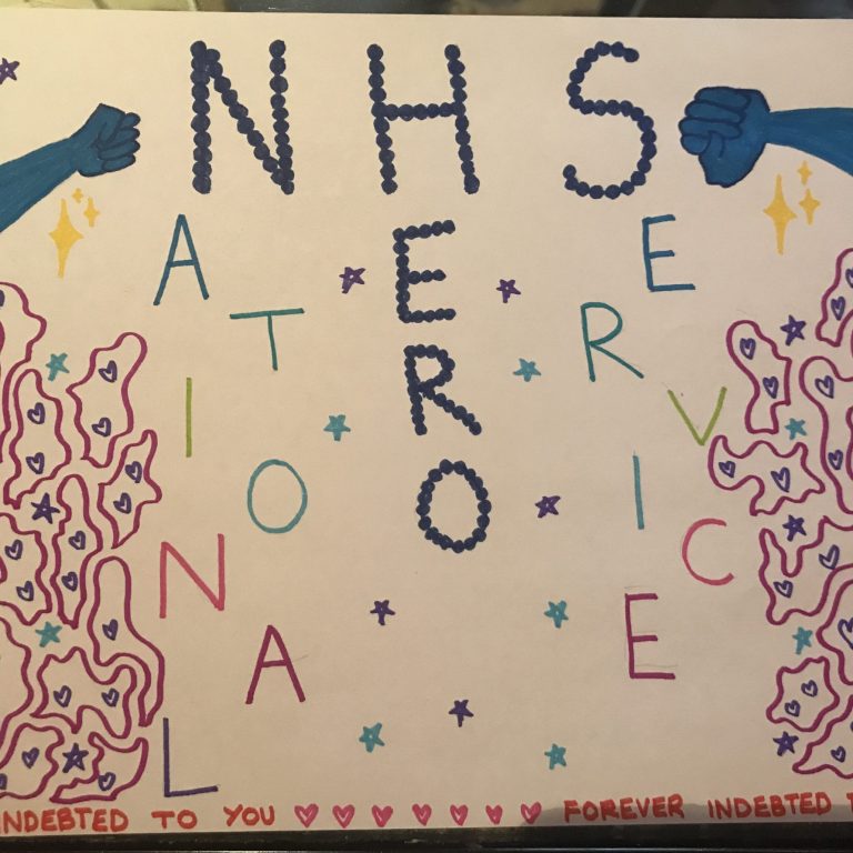 drawing of two hands and the text 'NHS HERO NATIONAL SERVICE'