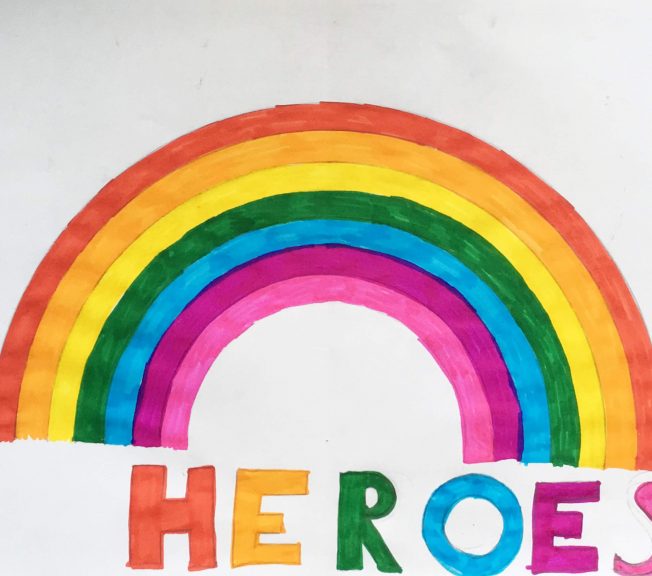 drawing of a rainbow and the word 'heroes'