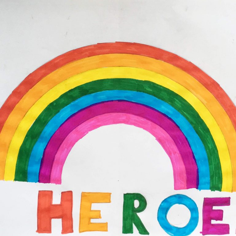 drawing of a rainbow and the word 'heroes'
