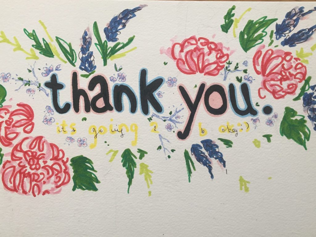 drawing of flowers and the words 'thank you'