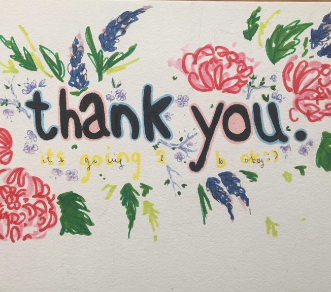 drawing of flowers and the words 'thank you'