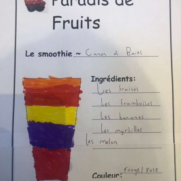 picture of a cup coloured in, and a list of ingredients for a smoothie written in French