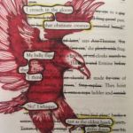 Black out poem with a drawing of a bird