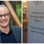 Picture of Head, Robert Lobatto on the left-hand side, and picture of a banner for the Upper School Open Morning on the right-hand side