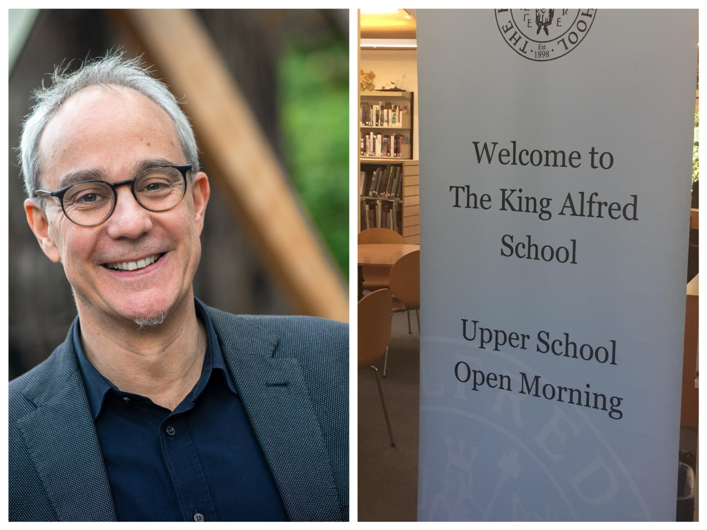 Picture of Head, Robert Lobatto on the left-hand side, and picture of a banner for the Upper School Open Morning on the right-hand side