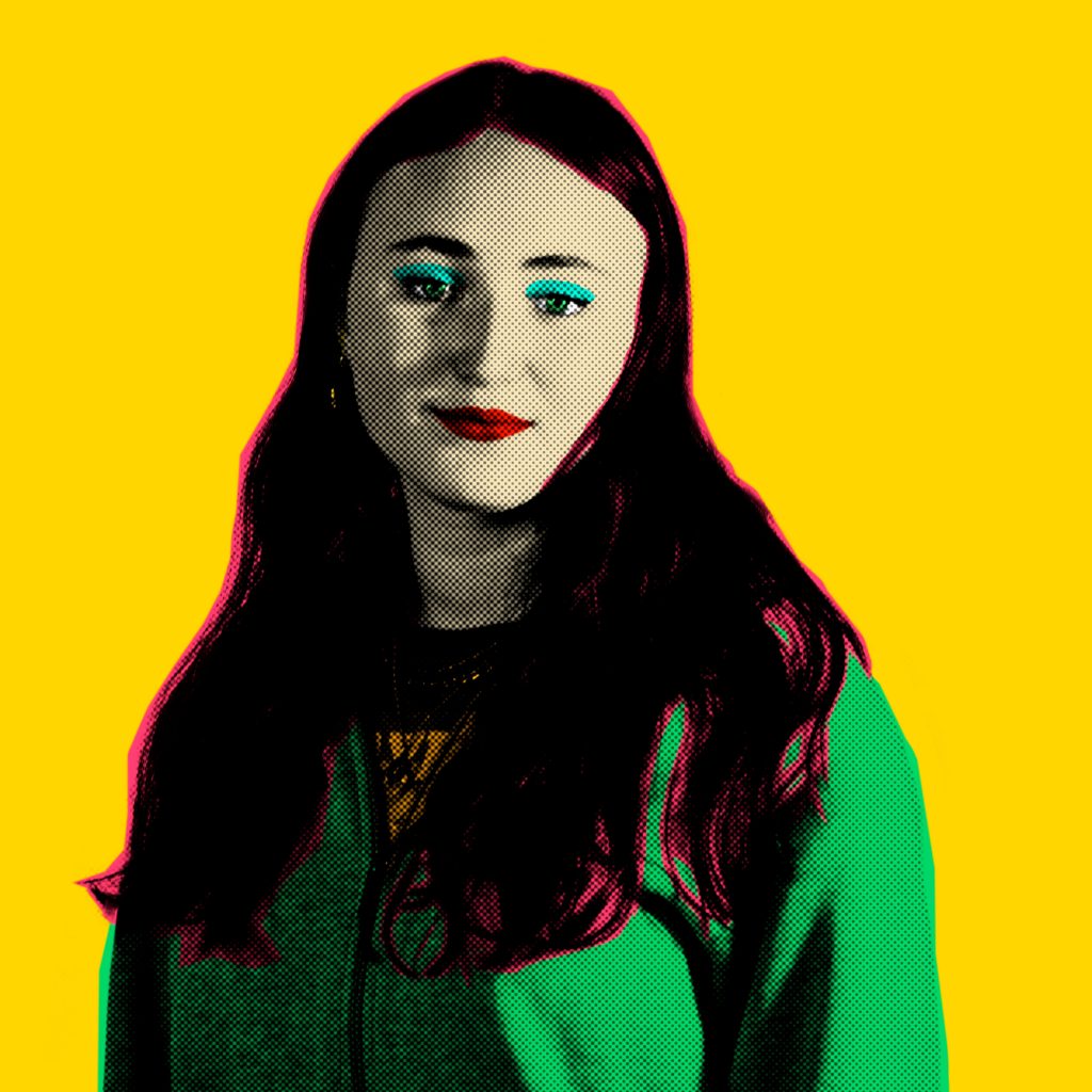 Pop Art-style picture of a female student from The King Alfred School Sixth Form. She is set against a yellow background, with her eyelids highlighted turquoise and her lips coloured red.
