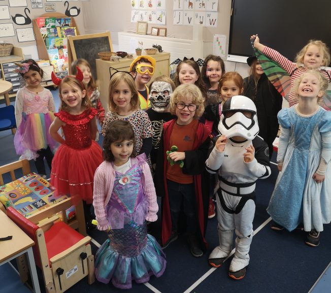 Students wearing Halloween costumes