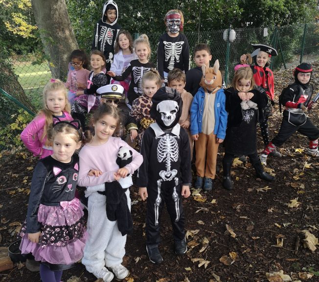 Students wearing Halloween costumes