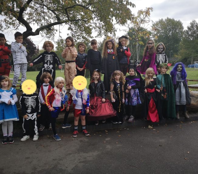 Students wearing Halloween costumes