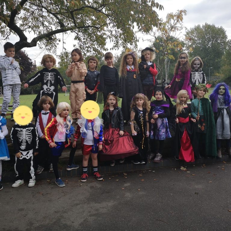 Students wearing Halloween costumes