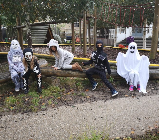 Students wearing Halloween costumes