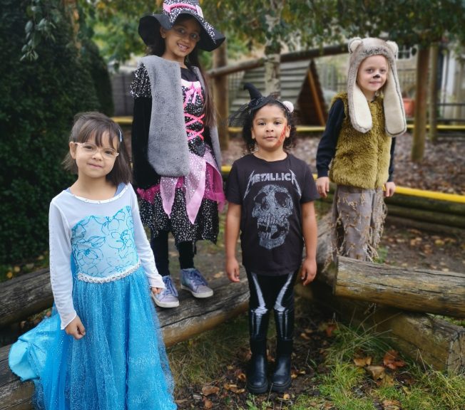 Students wearing Halloween costumes