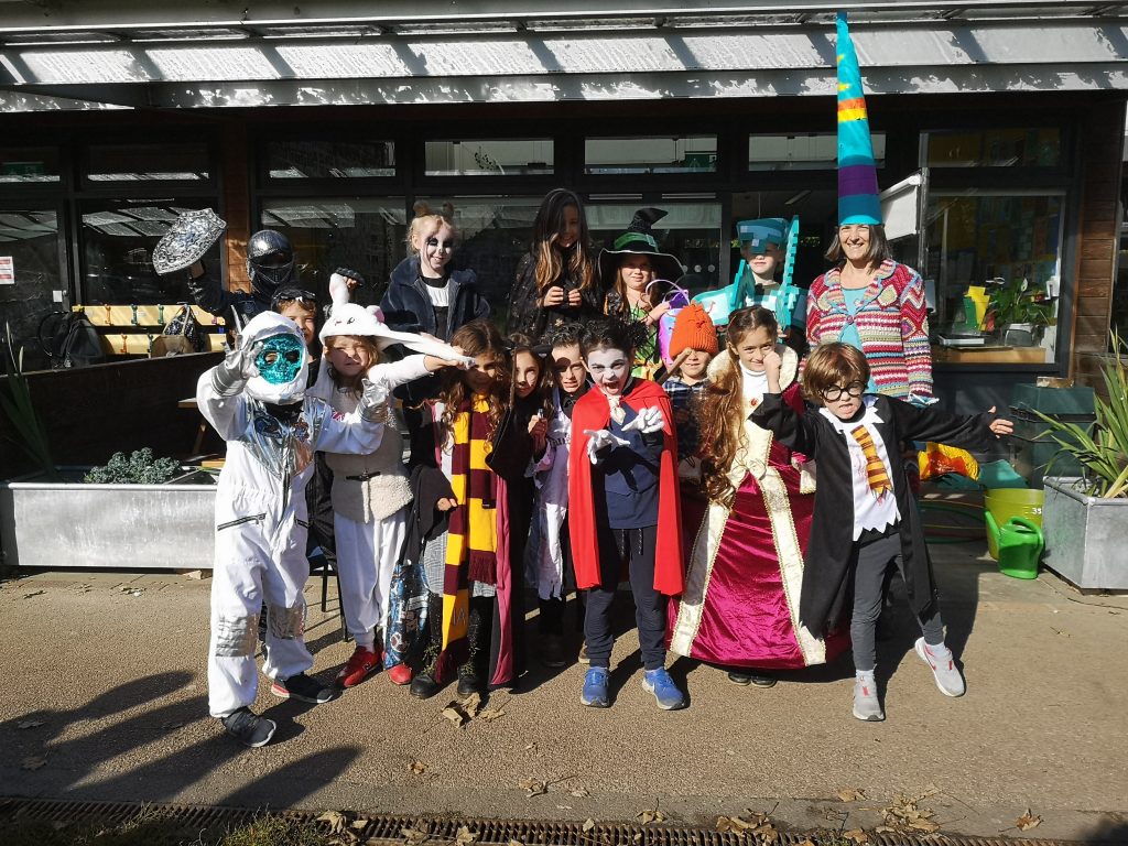 Students wearing Halloween costumes