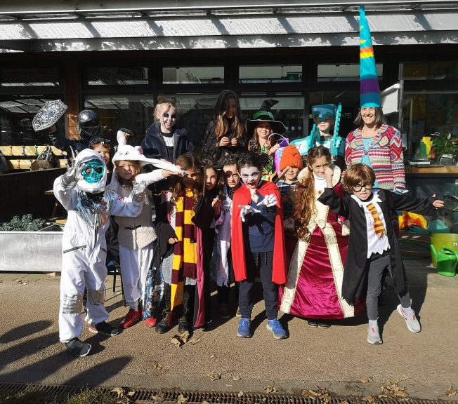 Students wearing Halloween costumes