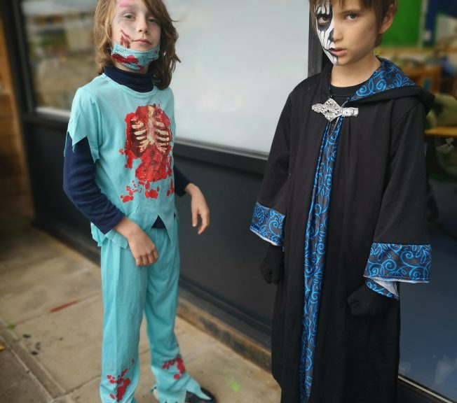 Students wearing Halloween costumes