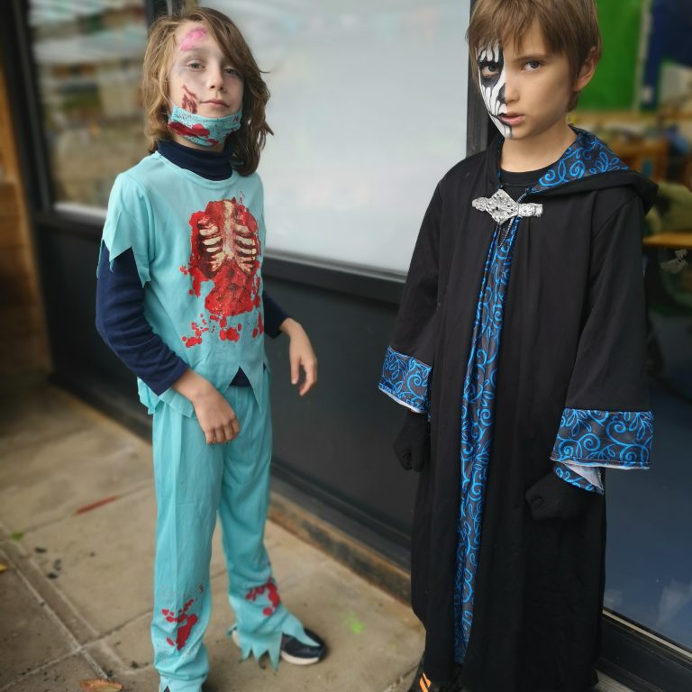 Students wearing Halloween costumes