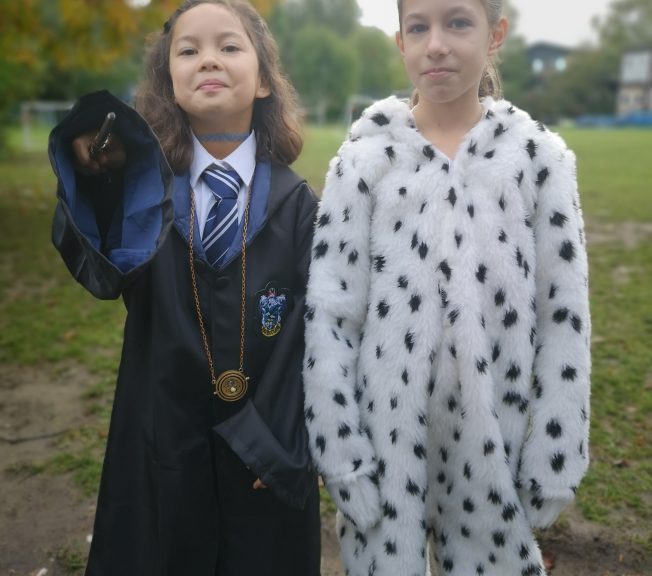 Students wearing Halloween costumes