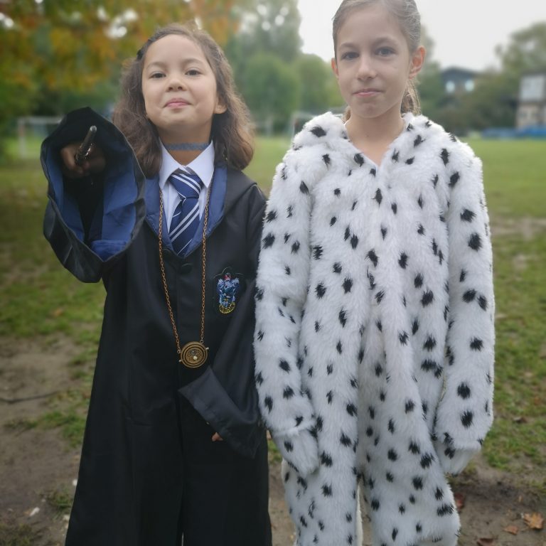 Students wearing Halloween costumes