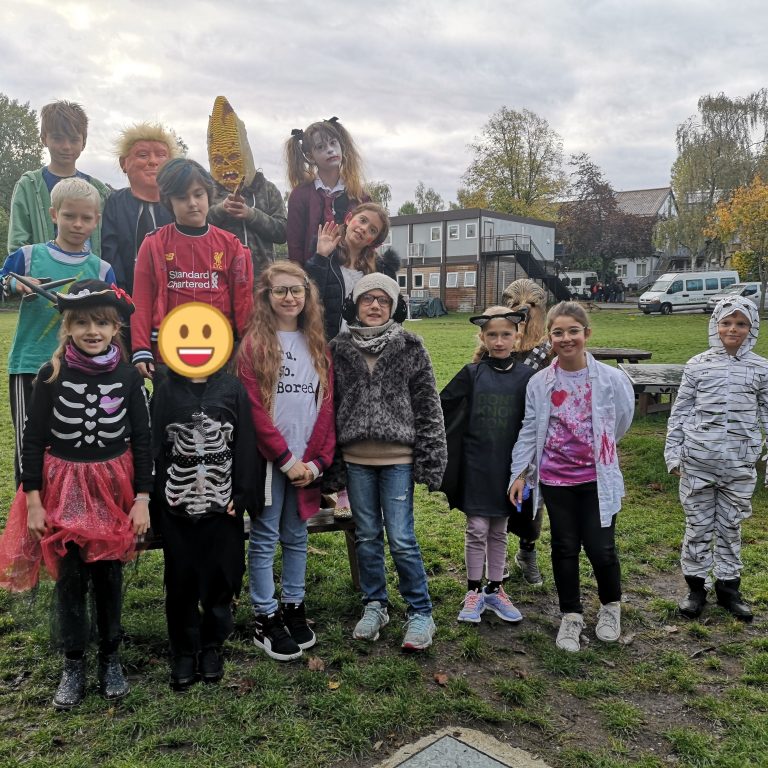 Students wearing Halloween costumes