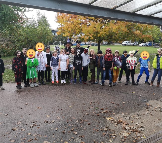 Students wearing Halloween costumes