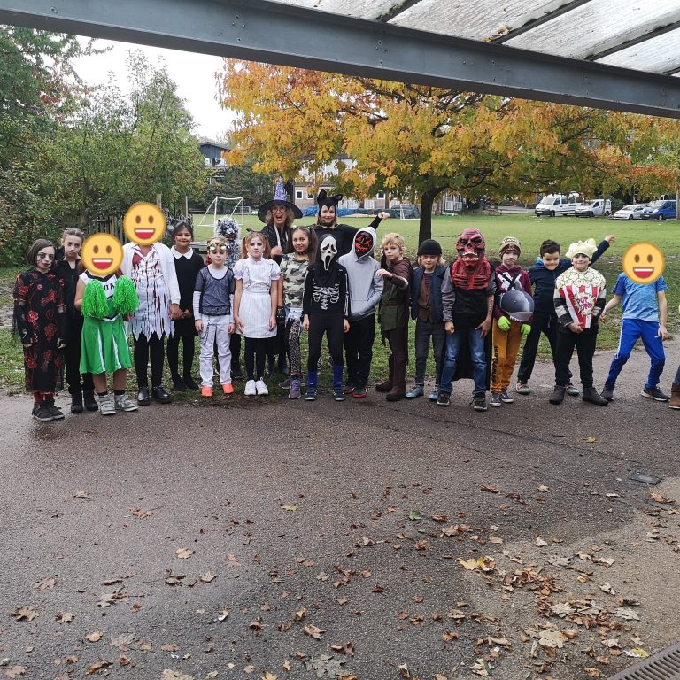 Students wearing Halloween costumes