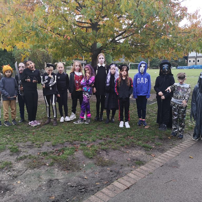 Students wearing Halloween costumes
