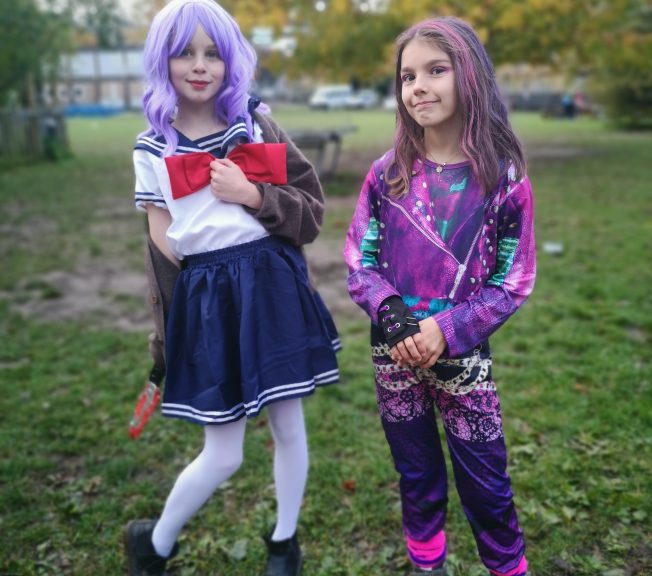 Students wearing Halloween costumes