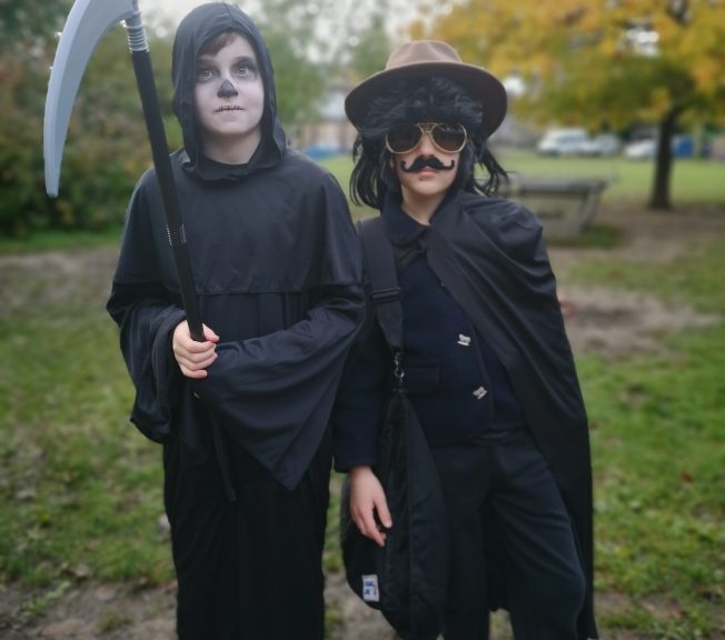 Students wearing Halloween costumes