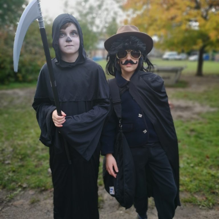 Students wearing Halloween costumes