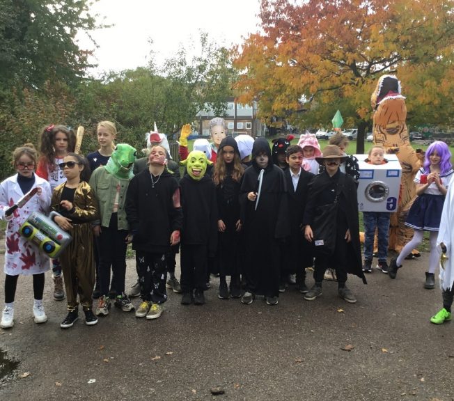 Students wearing Halloween costumes