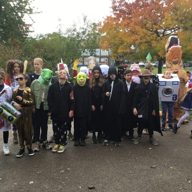 Students wearing Halloween costumes