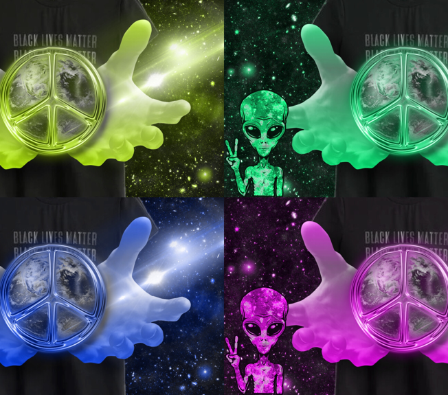 graphic of four aliens and four peace signs