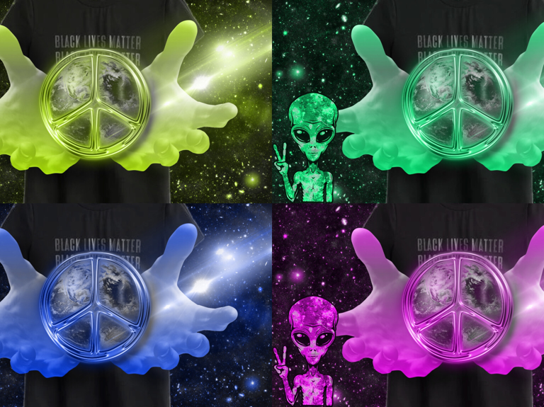 graphic of four aliens and four peace signs