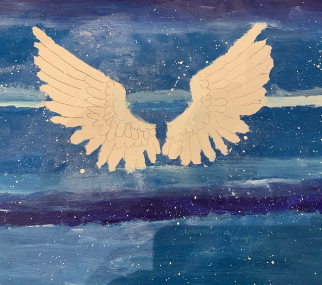 painting of wings against a sky