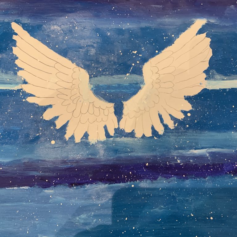 painting of wings against a sky