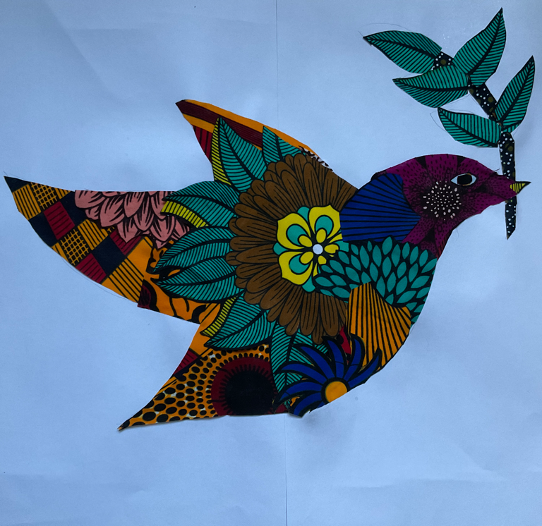 Collage of a bird holding a branch