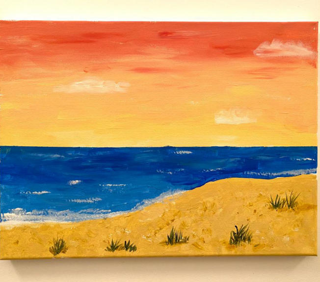 painting of the beach at sunset