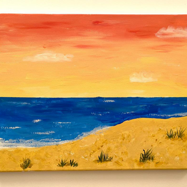 painting of the beach at sunset