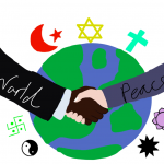 Drawing of the earth, two people shaking hands, and religious symbols