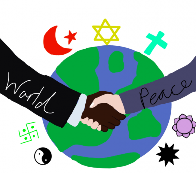 Drawing of the earth, two people shaking hands, and religious symbols