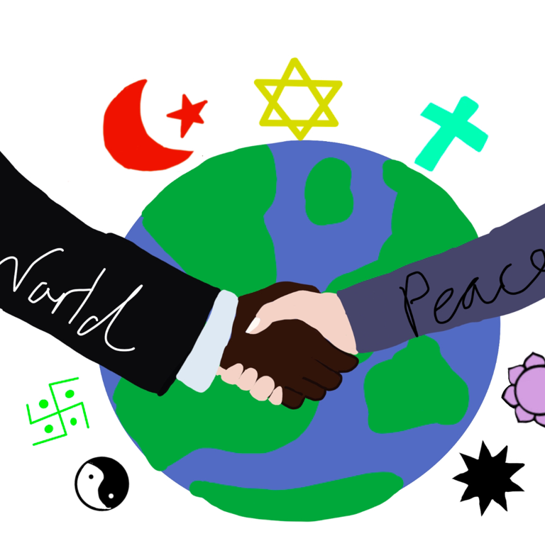 Drawing of the earth, two people shaking hands, and religious symbols