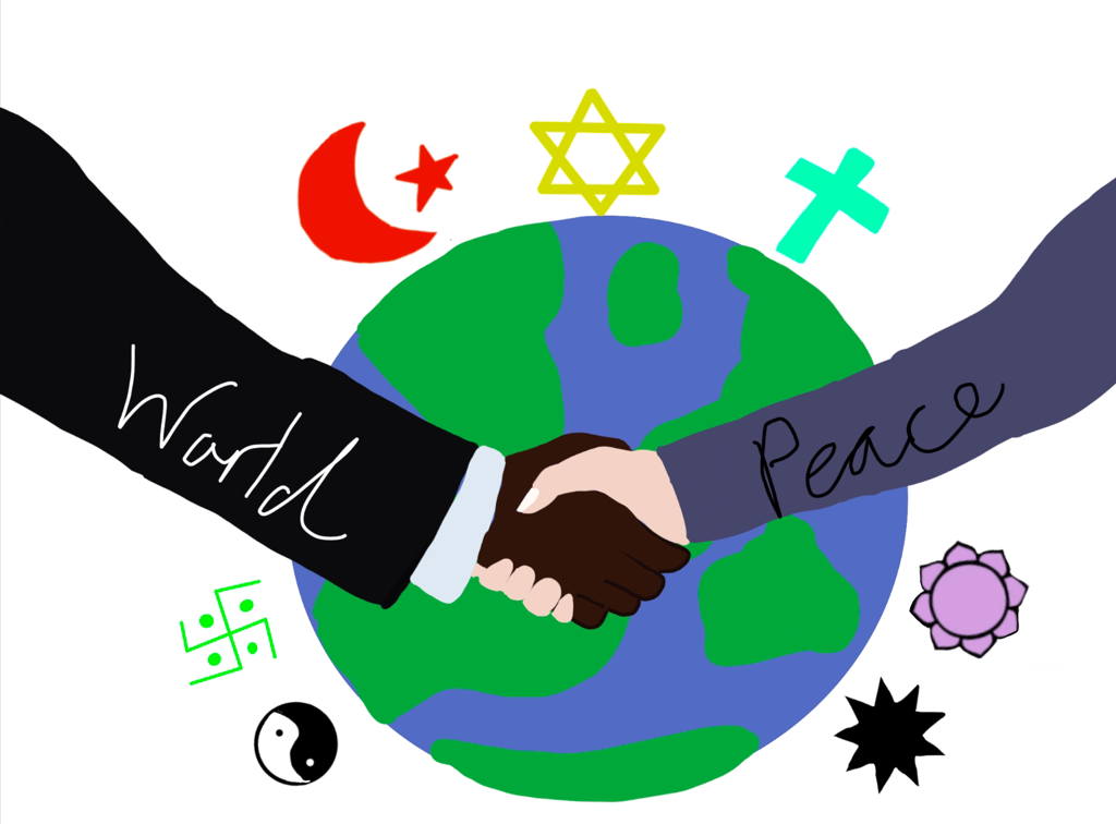 Drawing of the earth, two people shaking hands, and religious symbols