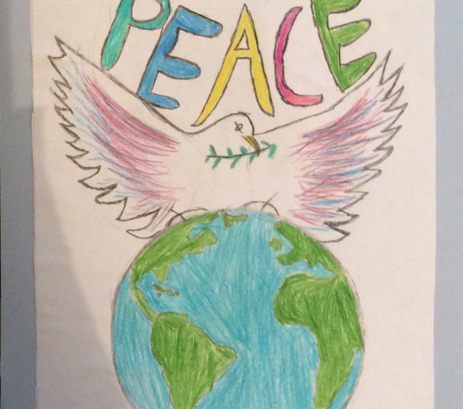 drawing of a dove, the earth, and the word PEACE
