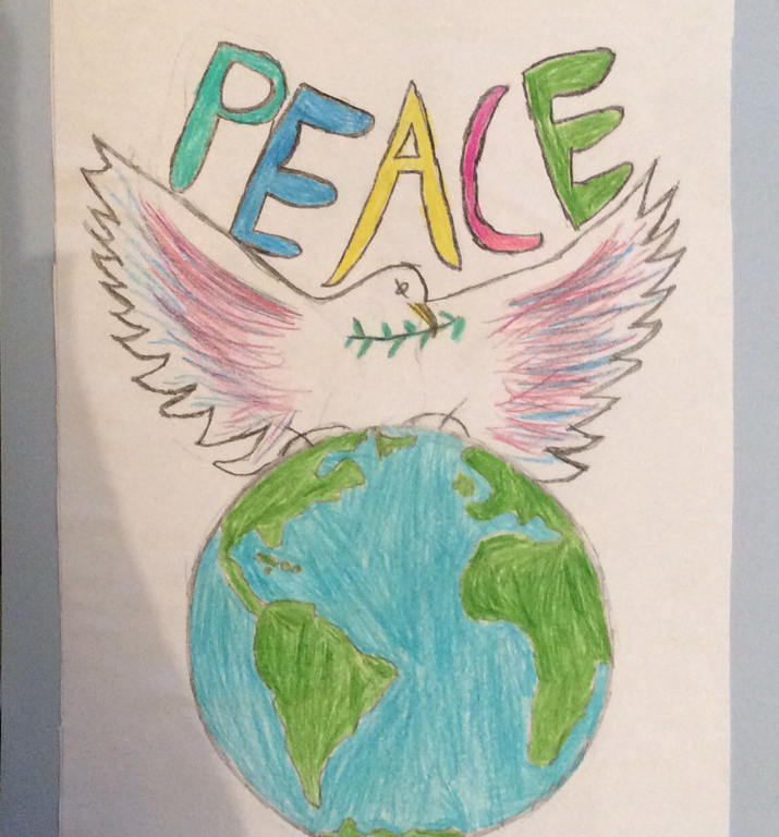 drawing of a dove, the earth, and the word PEACE
