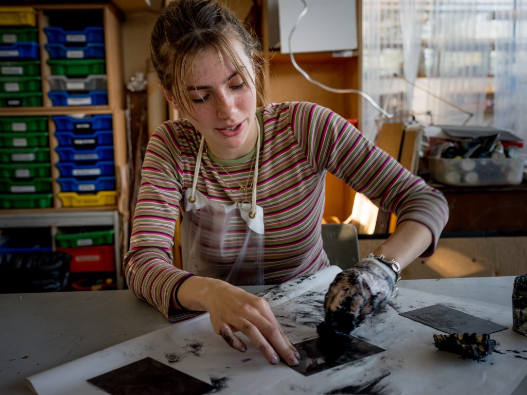 A level Art student working in the studio